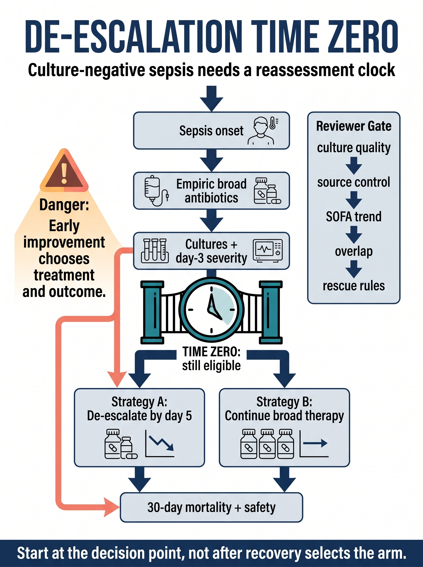 Antibiotic de-escalation time-zero design clinic for culture-negative sepsis visual guide